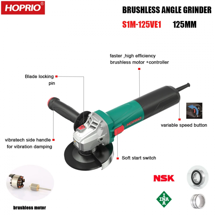 УШМ Бесщеточная HOPRIO S1M-125VE1 D125mm M14 1250W-2300W Speed 3000-10000 rpm Brushless